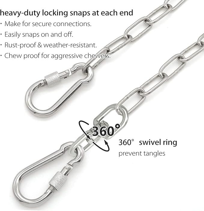 15 ft Dog Chains for Outside - Heavy Duty Tie Out Chain Leash Great for Small to Large Dogs Up to 200Lbs - Chew Proof Long Chain for Yard Camping or Travel (15ft Without Spring)