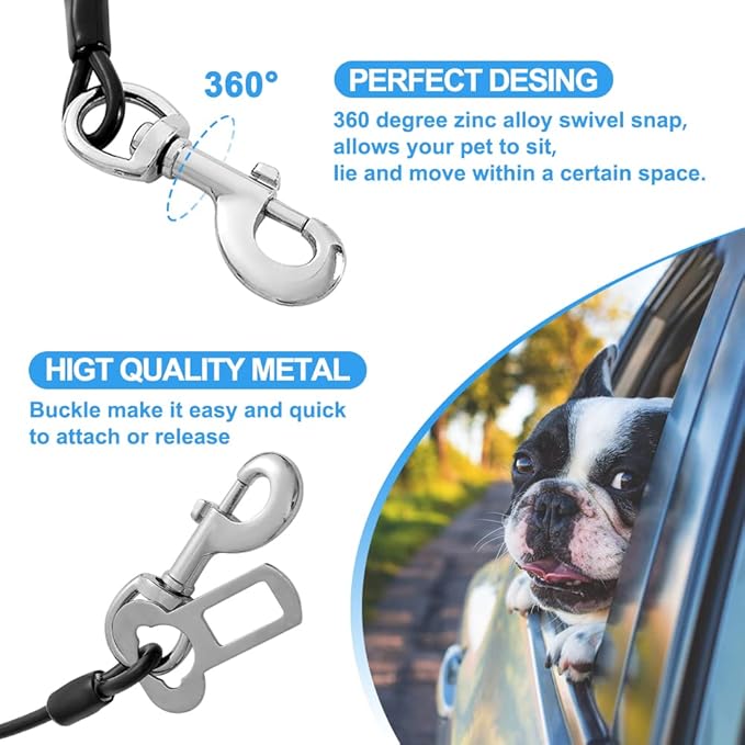 Dog Seat Belt Harness for Car,Dog Seatbelt of Coated Wire Leash Safety Restraint,No Chew Tether Cable Vehicle Dog Accessories,Double Clips & Latch (Black, 32 inch/80 CM)