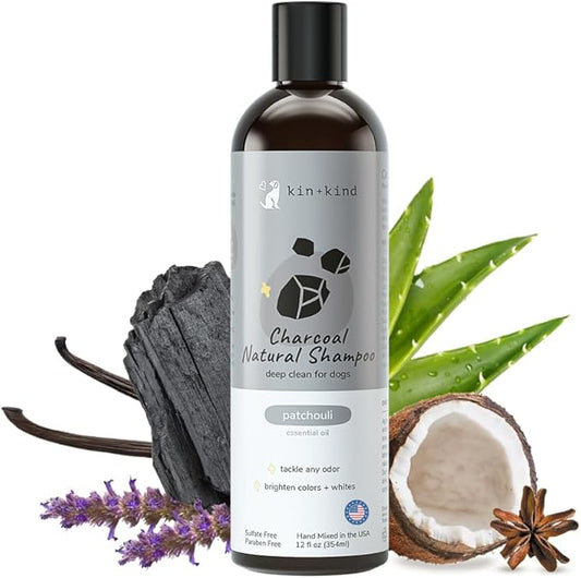 kin+kind Dog Shampoo - Deep Clean, Dirt & Odor Remover w/Activated Charcoal for Dogs, Gentle Formula w/Natural Aloe, Olive Oil & Coconut Oil, Pet Hair Care & Grooming Products, Patchouli, 12 fl oz