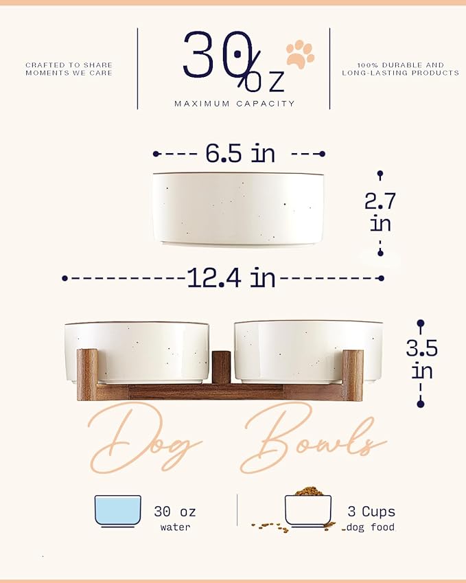 Getstar Ceramic Dog Bowls with Acacia Wood Stand, 30 fl oz, Set of 2, Dog Food Bowl with Colored Rim