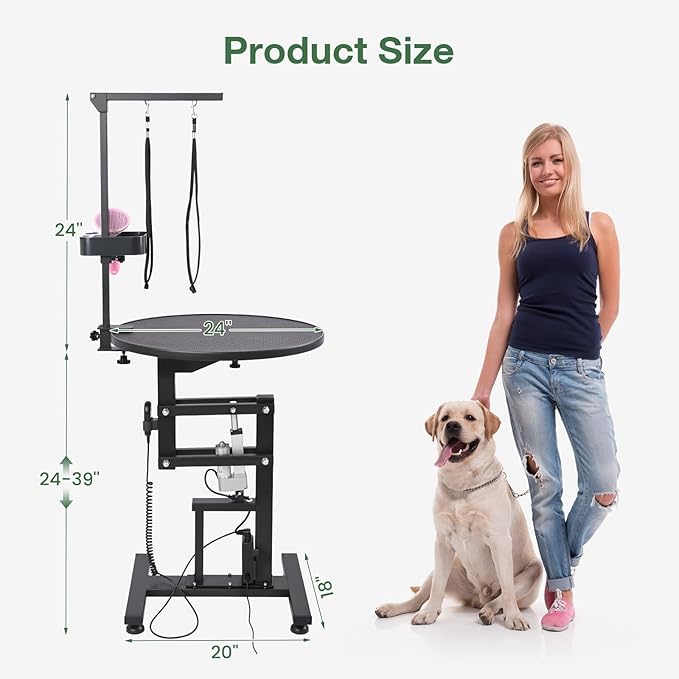 Electric Hydraulic Lift Pet Dog Grooming Table, 24Inch 360° Rotating Grooming Desktop for Small Dogs, with Overhead Arm, Wireless Remote, Tool Organizer, Black