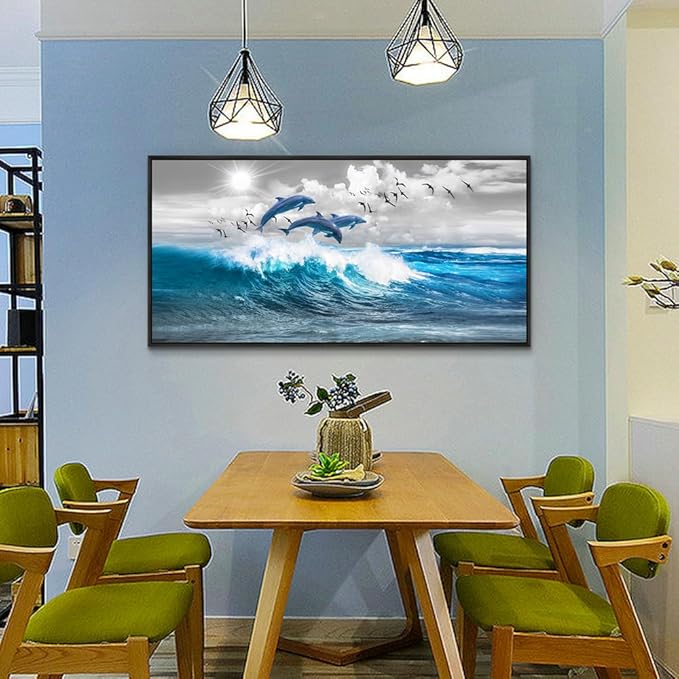Wapluam Canvas Print Wall Art For Living Room Large Wall Decor For Bedroom Blue Waves Of The Sea Wall Pictures Artwork Modern Office Dolphins Wall Paintings Black Framed Home Decorations Poster