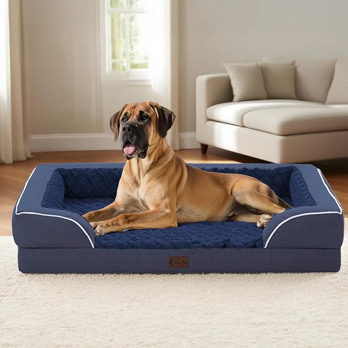 Orthopedic Dog Beds, Waterproof Memory Foam Large Sized Dog Bed with Sides, Non-Slip Bottom and Egg-Crate Foam Big Dogs Beds with Removable Washable Cover(Large,Navy Blue)