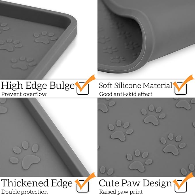 Ptlom Grey Pet Placemat for Dog and Cat, Waterproof Non-Slip Silicone Feeding Bowl Mat Prevent Food and Water Overflow, Puppy Dish Feeder Fountain Trays Suitable for Medium and Small Pets