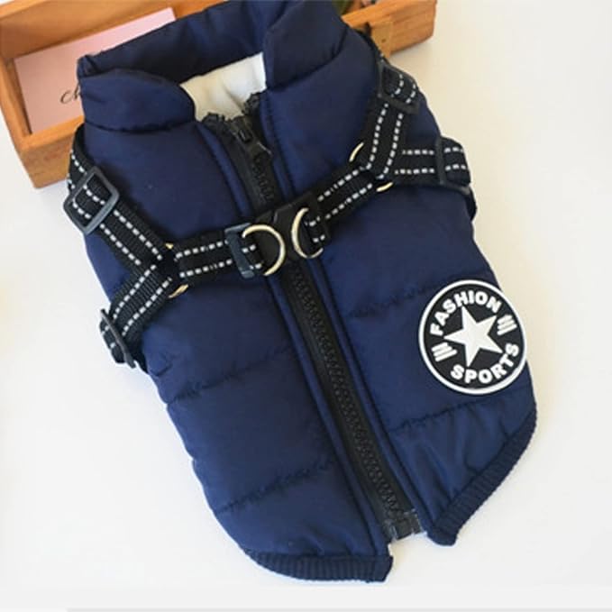 HDKUW Small Dog Jacket, Small Dog Coat Harness Winter Warm Vest Jacket Waterproof Cotton Costume for Puppy Small Dogs (L, Blue)