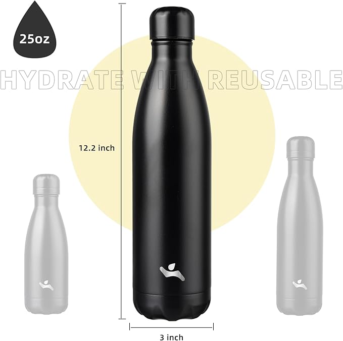 Insulated Water Bottles,25 oz Double Wall Stainless Steel Vacumm Metal Flask for Sports Travel,Midnight Black
