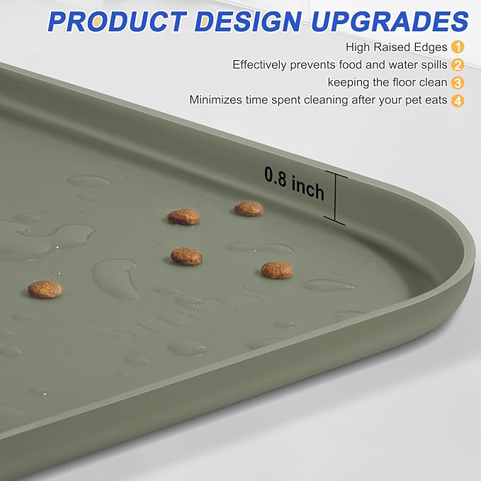 Silicone Pet Feeding Mat with Raised Edge for Food and Water, Dog Bowl Mats, Cat Bowls Placemat with High Lip for Floor Waterproof, Rubber Tray for Cats and Dogs 24 x 16 x0.8 Light Olive Green