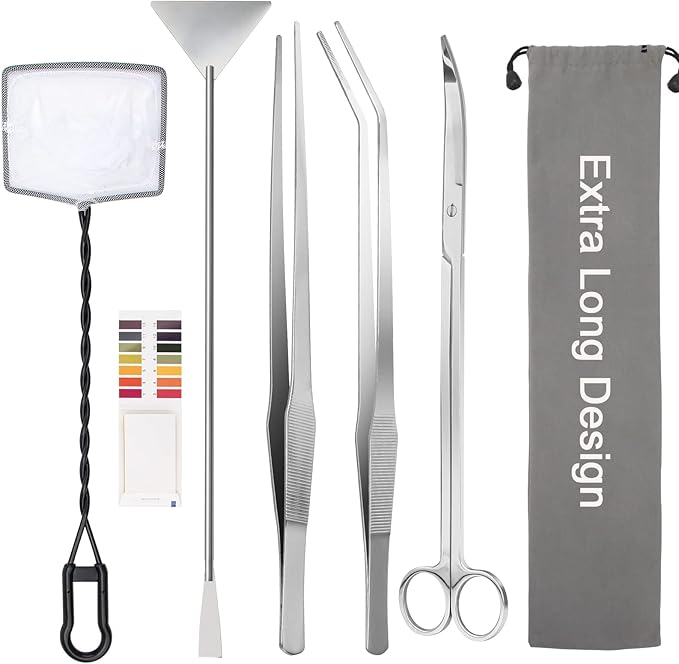 7 in 1 Aquarium Aquascape Tool Kit 15 inch, Aquatic Plant Extra Long Aquascaping Tool for Aquarium Fish Tanks Clean Accessories Set with Silver Tweezer Scissor Spatula, Fish Net, PH Paper, Bag