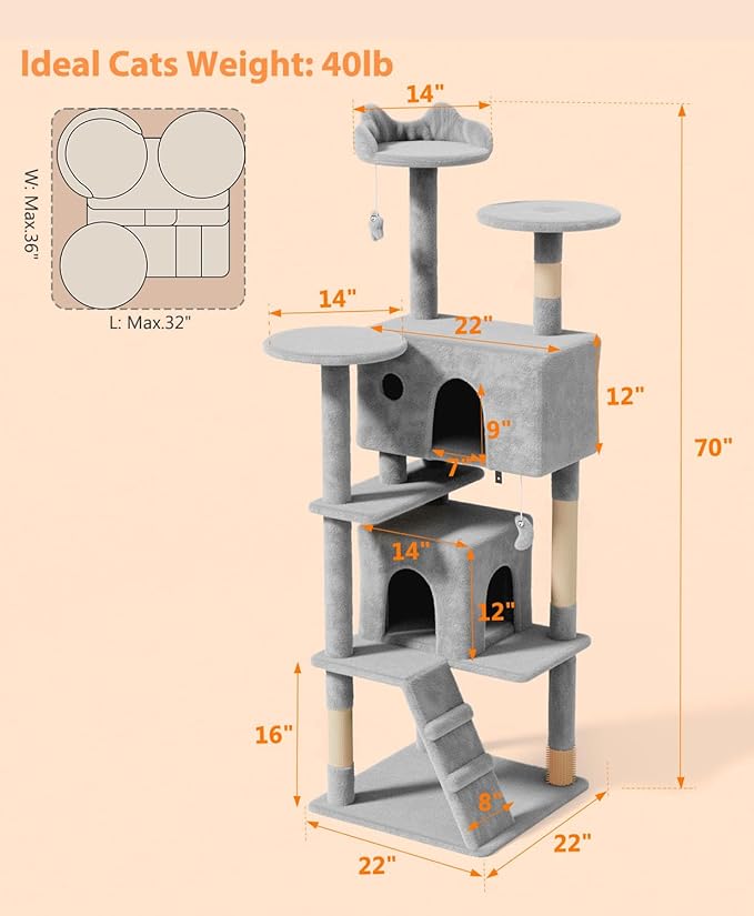 70'' Cat tree Tower for Indoor Cats Large Adult,Cute/Tall Modern Cat Tree for Big Cats 20 lbs,Plush Multi-Level Cat Condo with Scratching Posts,Dangling Ball for fun play(Light Gray, 70 inch)