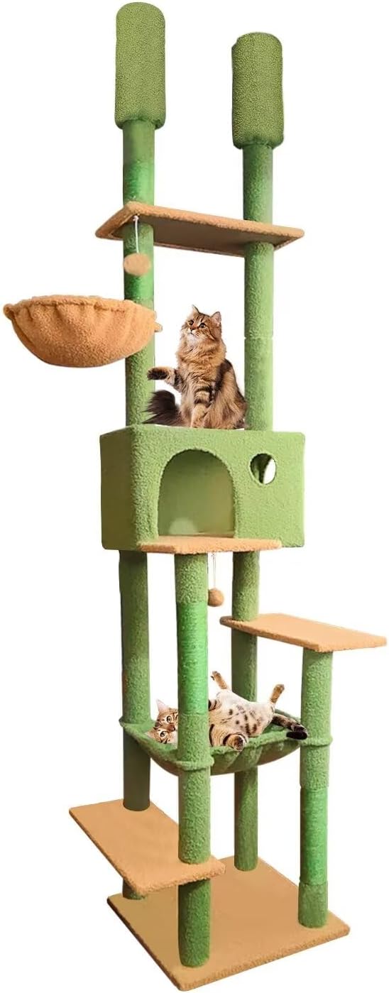 96.5"-108" Cat Tree Floor to Ceiling 7-Tier Cat Tower Adjustable Height with Scratching Posts, Cozy Hammock, Cat Condo for Indoor Cats(Green)