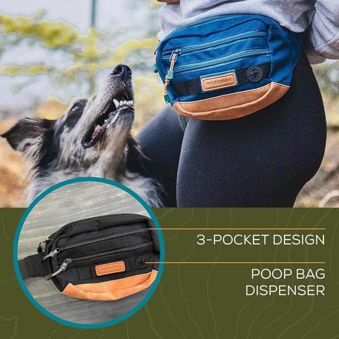 Wilderdog Utility Fanny Pack stores Treats, Balls, Keys in 3 Pockets with adjustable strap and Poop Bag dispenser (Black)