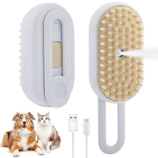 4 in 1 Cat Steam Brush Cat and Dog Anti-Static steam Brush with Spray for Massaging,cleaning,Shedding,Grooming,Rechargeable Pet Grooming Brushes(white brush)