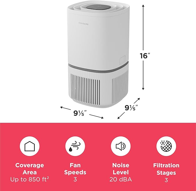 Frigidaire PureA300 HEPA Air Purifier with Wi-Fi for Small Bedrooms, Covers up to 850 Sq. Ft., 3-Stage Filtration, Energy Star Certification, Air Quality Monitoring, Smart Mode, Ultra Quiet, White