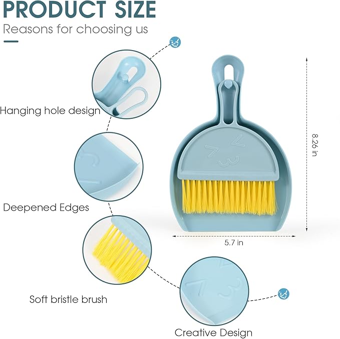 Small Broom and Dustpan Set,mini Compact Portable, for Home, Sofas, Kitchen countertops, Storage Shelves, Office desks, bathrooms, and pet Areas (Blue)