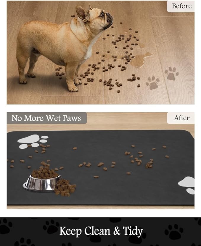 Pet Feeding Mat-Absorbent Dog Mat for Food and Water Bowl-No Stains Quick Dry Water Dispenser Mat-Dog Accessories Pet Supplies-Bowl for Messy Drinkers（Black,12"x19"