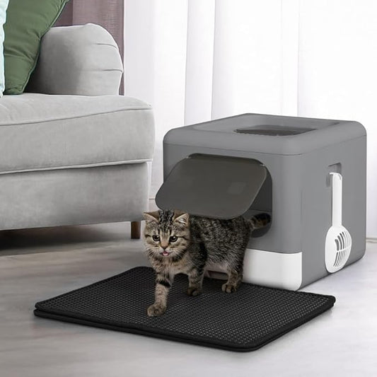 Foldable Cat Litter Box w/Lid, Scoop & Mat, Drawer Design Cat Toilet for Kitten, Two-Way Entry Kitty Litter Box, Odor Control & Easy to Clean, Dark Grey