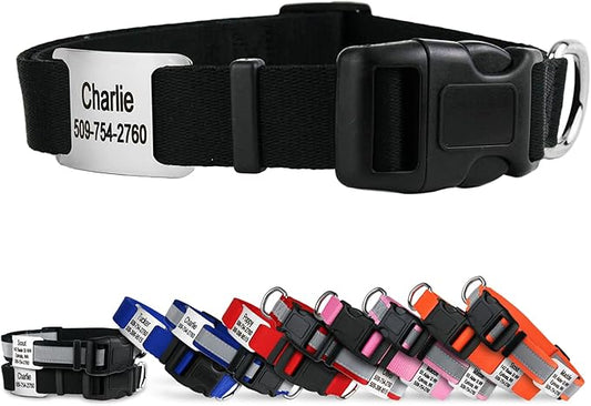 GoTags Personalized Dog Collar with Nameplate, Adjustable Dog Collar with Custom Engraved Slide On Pet ID Tag in Stainless Steel, Silent, No Noise Dog Tag for Large Medium and Small (Black, X-Small)