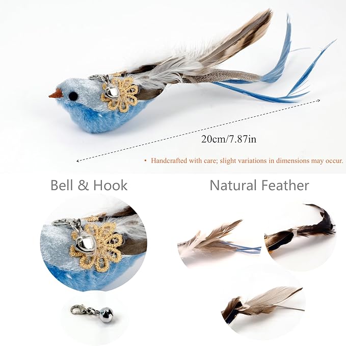 12PCS Interactive Cat Feather Wand Toy Set – 11 Bird & Feather Teaser Refills with Bells + Flexible Suction Cup Wand – Realistic Bird Design, Natural Materials, Indoor Cat Toys for Exercise & Play