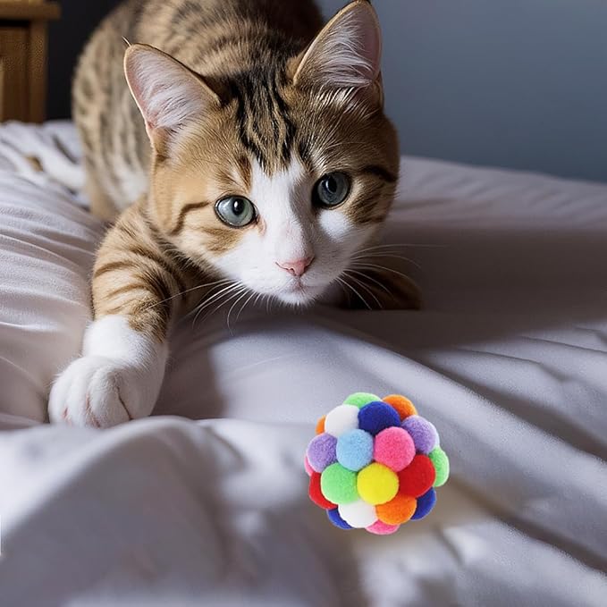 9PCS Cat Toy Balls, 1,75'' Soft Pom Pom Ball for Kittens, Colorful Soft Fuzzy Balls Built-in Bell for Cats, Interactive Playing Chewing Toys for Indoor Cats and Kittens, Cute Kitten Kitty Toys