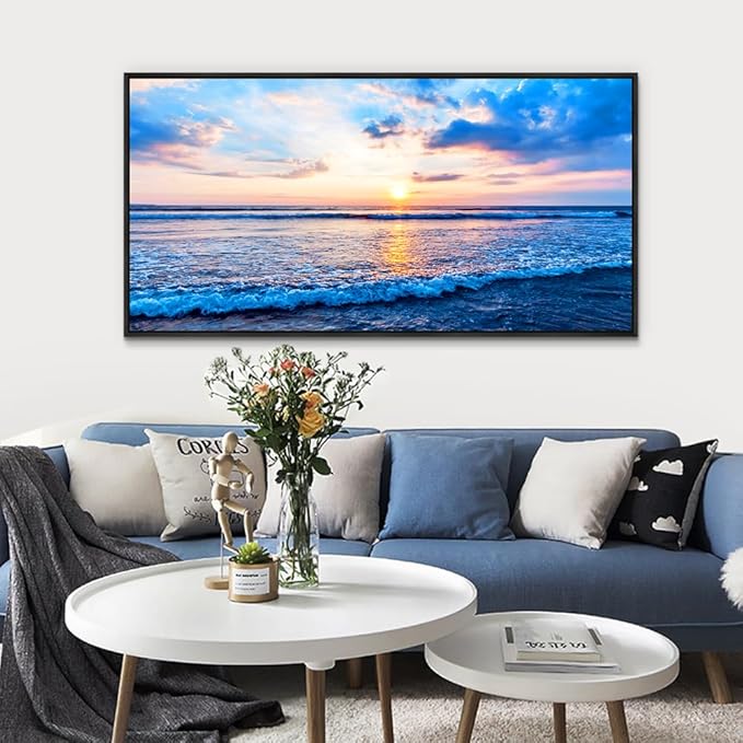 Wapluam Bedroom Decor: Blue Beach Sea Waves Landscape Canvas Print, Large Wall Art, Ready To Hang, Black Framed