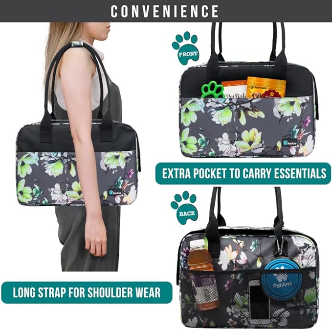 PetAmi Dog Purse Carrier for Small Dogs, Airline Approved Soft Sided Pet Carrier with Pockets, Ventilated Dog Carrying Bag for Puppy Cat, Dog Travel Supplies Bag, Sherpa Bed, Max 12 lbs, Floral Gray
