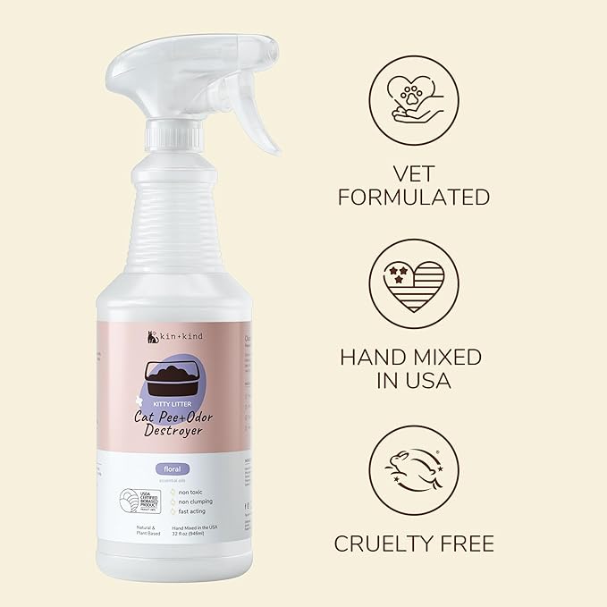 kin+kind Pet Odor Eliminator for Home - Litter Deodorizer, Pet Urine Odor Eliminator Spray and Stain Remover Spray for Harwood Floods, Carpet and Fabric - Pee, Odor and Stain Destroyer 32 fl oz