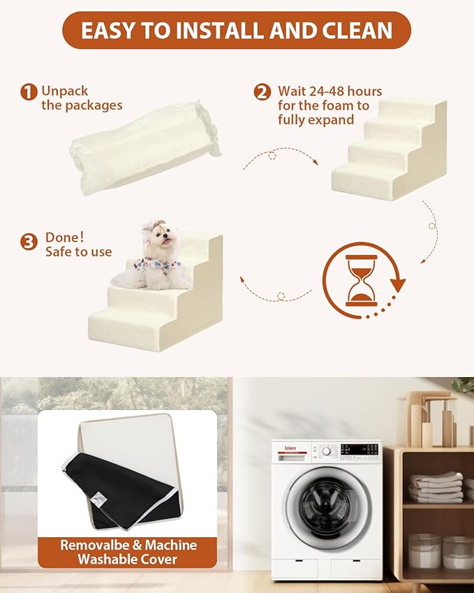 Dog Stairs for Small Dogs,22" H,5-Step Dog Steps for High Bed Couch and Sofa,Pet Stairs for Dogs and Cats Climbing with Non-Slip Bottom and Washable Cover,Beige