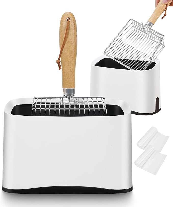 Metal Cat Litter Scoop with Holder, Poop Scooper with Stand&2 Rolls of Garbage Bag, Heavy Duty Stainless Steel Shovel with Wooden, Kitty Quick Sifter for Easy Cleaning, Essential Item for Cat