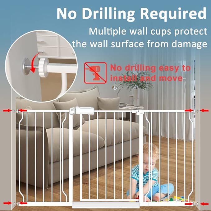Narrow Baby Gate 24 to 29 Inch Wide Pet Gate Pressure Mounted No Drill Safety Gate Walk Through Metal Child Gate for Kids Stairs or Pets Indoor White