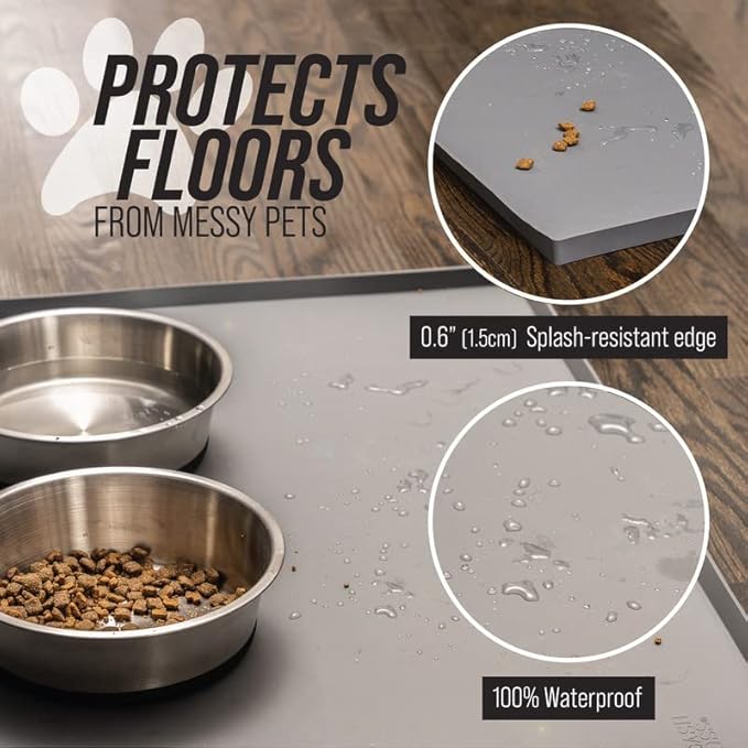 Leash Boss Dog Food Mat for Food and Water Bowls, Waterproof Silicone Pet Feeding Mat for Floors, Extra Tall Raised Edges, Cat and Dog Placemat for Floors, Dishwasher Safe (XL: 25" x 17" - Navy)
