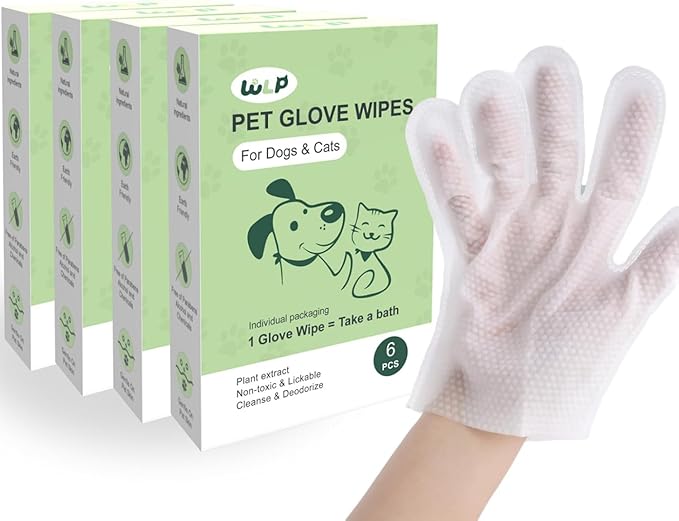 WLP Cleaning & Deodorizing Glove Bath Wipes for Dogs and Cats, Hypoallergenic Nourish Fur Aloe Extract Jojoba Oil Pet Grooming Wipes for Daily and Travel (24 PCS)