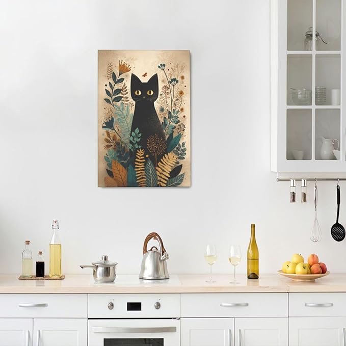 Boho Black Cat Wall Art Kitten Botanical Wall Decor Mid Century Modern Canvas Painting Print Minimalist Pictures Artwork Framed Decorations Gifts for Cat Lover Bathroom Nursery Living Room Bedroom Kitchen 16"x24"