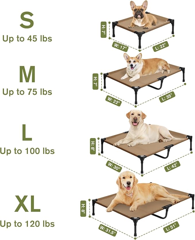 Elevated Dog Bed for Medium Dogs, Outdoor Cooling Raised Dog Beds Washable Pet Cot with Removable Mesh, Lifted Pets Hammock with Frame, Easy to Assemble, Brown, M