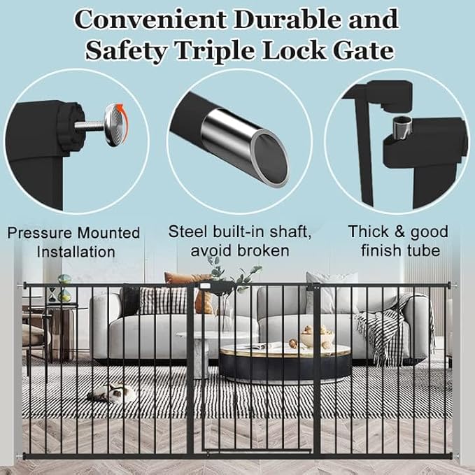 WAOWAO Triple Lock Baby Gate Extra Wide 44.48-48.42" Pressure Mounted Walk Through Swing Auto Close Safety Black Metal Dog Pet Puppy for Stairs,Doorways,Kitchen