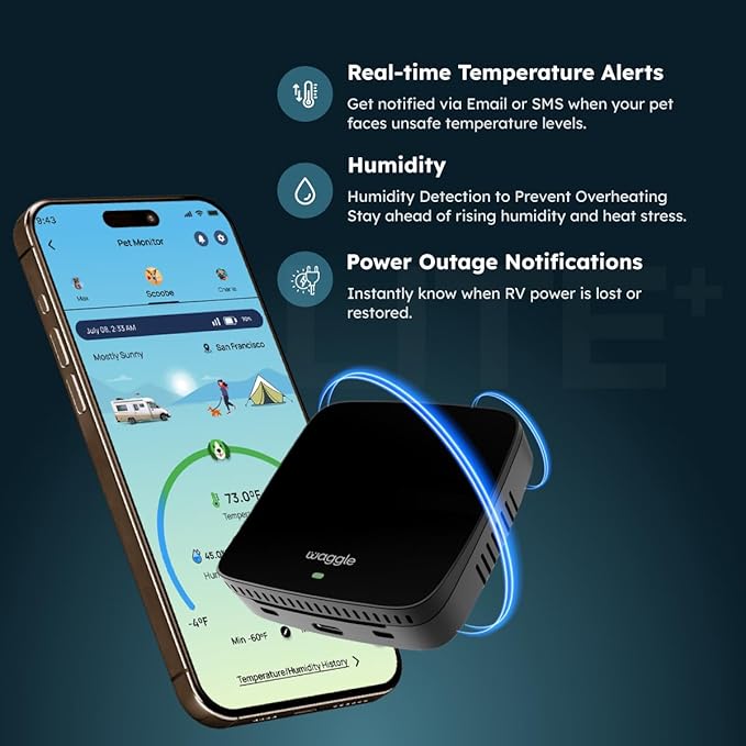 Waggle Dog Temperature Monitor & Pet Camera Bundle for RVs - Portable WiFi Cam (128GB) with Motion Alert & Remote Access | Watch Pets While Travelling