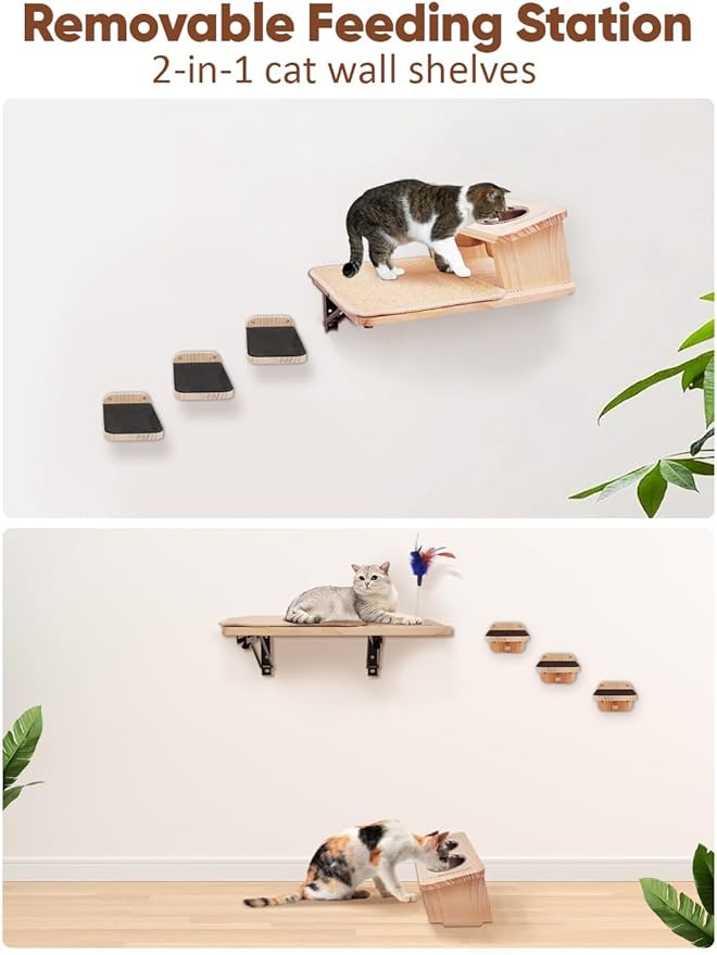Cat Wall Shelves with 3 Cimbing Steps Wall-Mounted Cat Shelf Dogproof Feeding Bowls Station Cats Hammock and Perches for Wall Furniture Set Climber Scratching Post