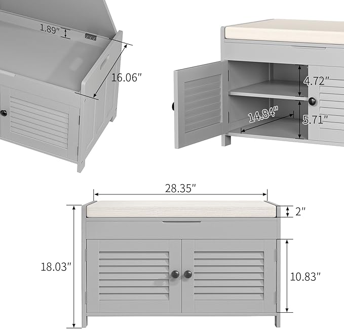 Shoe Storage Bench with Lift Top Storage, Entryway Bench with Cushioned Seat, Adjustable Shelf, 2 Tier Shoe Rack with Doors for Entryway, Bedroom, Hallway, Mudroom, Grey