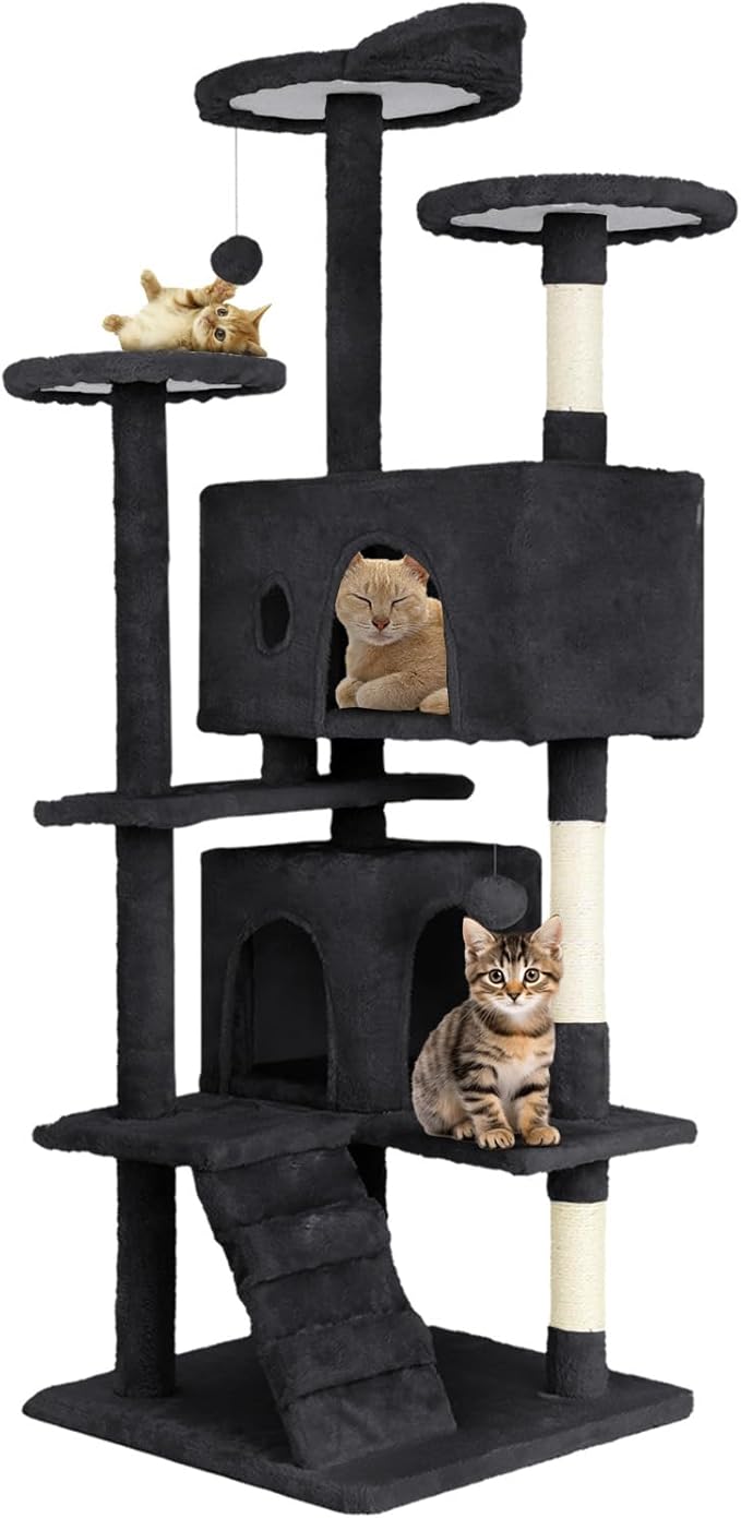 54.7 inches Cat Tower for Indoor Cats, Multi-Level Cat Condos with Scratching Posts, Hanging Toys, Dark Gray