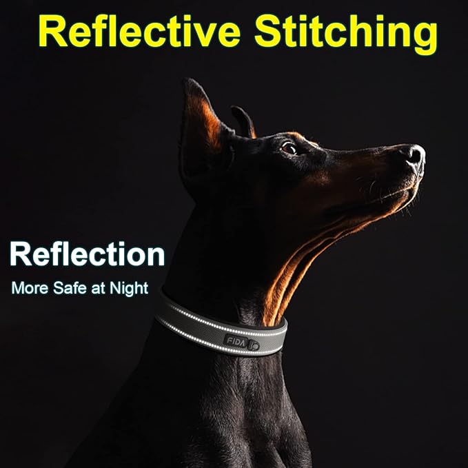 Fida Heavy Duty Dog Collar, Ultra Comfortable Soft Neoprene Padded, Adjustable Reflective Nylon Pet Collar with Durable Metal Belt Buckle for Medium Breeds (M, Grey)