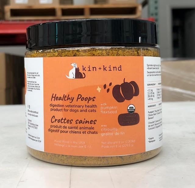 kin+kind Organic Pumpkin Powder for Dogs & Cats for Healthy Poop - Made in USA - Natural Pumpkin Powder Formula w/Flax Seed, Ginger, Turmeric & Coconut - Nutritional Supplement - Large 8oz