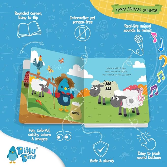Ditty Bird Farm Animals Sound Book for Toddlers | Interactive Farm Board Book with Real Animal Sounds | Touch & Sound Book for Ages 1-3 | Sensory, Musical Book for Toddlers