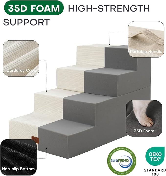 Dog Stairs for High Bed, Dog Steps for Bed Couch Sofa, 35D Foam Extra Wide Pet Steps for Small Dogs and Cats, Pet Stairs with Non-Slip Bottom Beige, 5 Steps