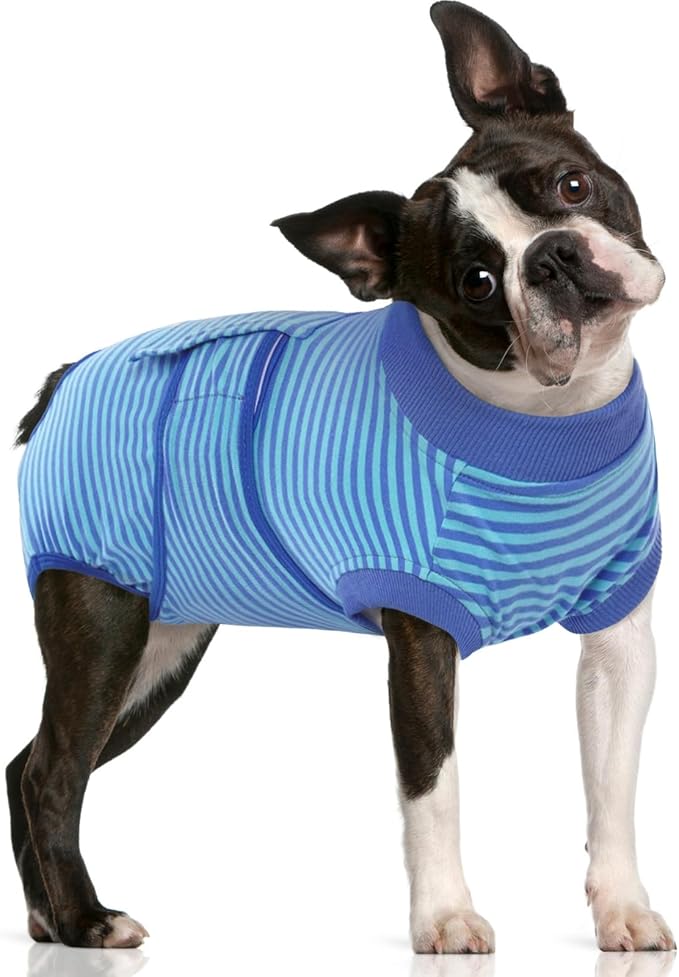 FUAMEY Recovery Suit for Dogs After Surgery,Soft Breathable Dog Bodysuit E-Collar & Cone Alternative Surgical Suit,Male Female Dog Neuter Spay Suits Anti Licking Wounds Onesie Navy Blue Strips L