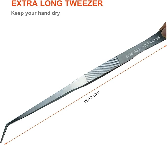 Extra Long Tweezers, Feeding Tongs, 18.9 inch Aquarium Stainless Steel Large Aquascape Tools for Fish Tank, Terrarium，Aquascaping, Reptile Snake (Curved)
