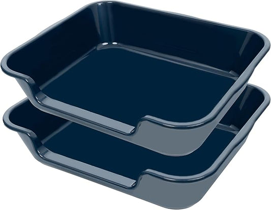 2 Pack of Extra Large Cat Litter Box (ABS Material), Low Entry Senior Litter Pen for Geriatric Kitty Big Cats, Jumbo Pet Safe Litter Boxes Tray for Indoor Pets Potty (Dark Blue, 24"L x 20"W)
