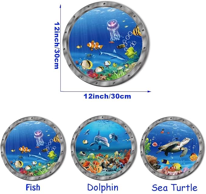 9PCS Ocean Animals World Under Sea Decor Sea Turtles Dolphins Fishes Sharks Coral Removable 3D Peel and Stick Vinyl Stickers