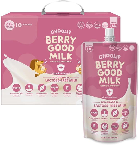Berry Good Milk is a Lactose-Free, Vitamin-Infused Drink for Cats and Dogs. It Supports Urinary Health, Digestion, and Joint Function. Free from antibiotics, Grains, and Gluten.