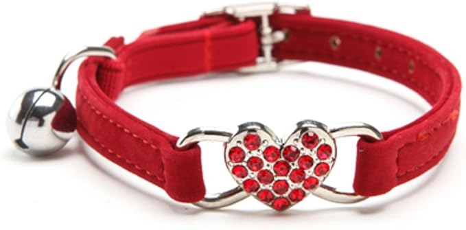 CHUKCHI Pink Soft Velvet Safe Cat Adjustable Collar with Crystal Heart Charm and Bells 8-11 Inches (Red)