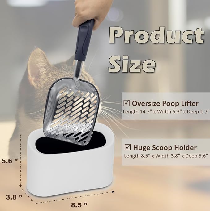 Heavy-Duty Metal Cat Litter Scoop with Holder, Aluminum Cats Litter Scooper Captures All Clumps, Kitty Metal Scooper and Holder (White)