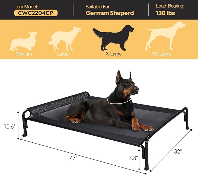 Veehoo XL Outdoor Elevated Dog Bed, Raised Dog Cot for Extra Large Dogs, Cooling Washable Waterproof Pet Hammock Beds with Slope Headrest, Breathable Mesh and Sturdy Frame, X-Large, Black, CWC2204
